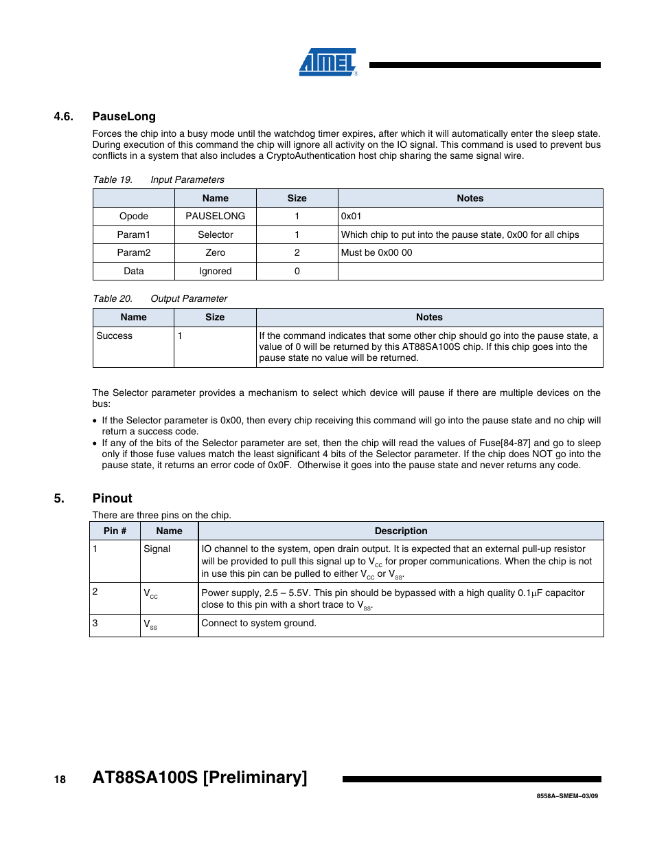 Pauselong, Pinout | Rainbow Electronics AT88SA100S User Manual | Page 18 / 21
