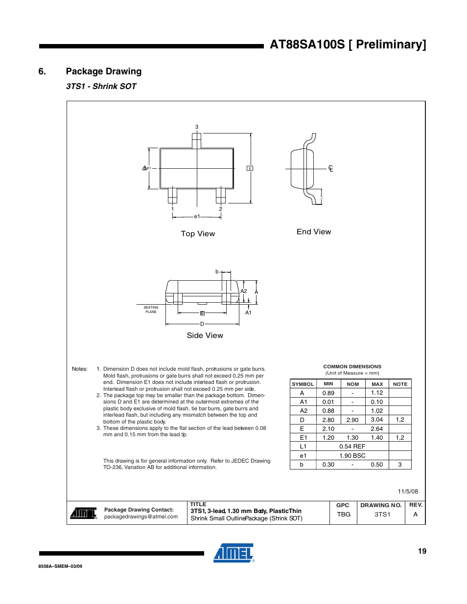 Package drawing, 3ts1 - shrink sot | Rainbow Electronics AT88SA100S User Manual | Page 19 / 21