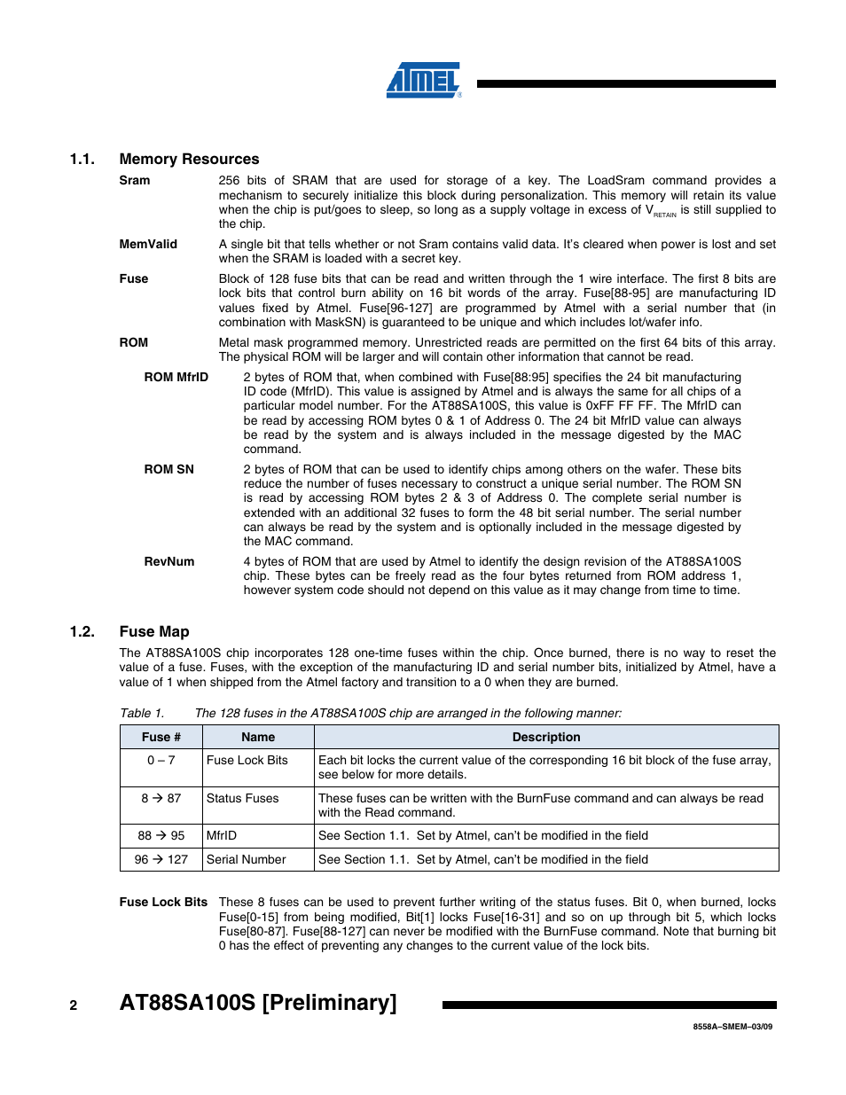 Memory resources, Fuse map | Rainbow Electronics AT88SA100S User Manual | Page 2 / 21