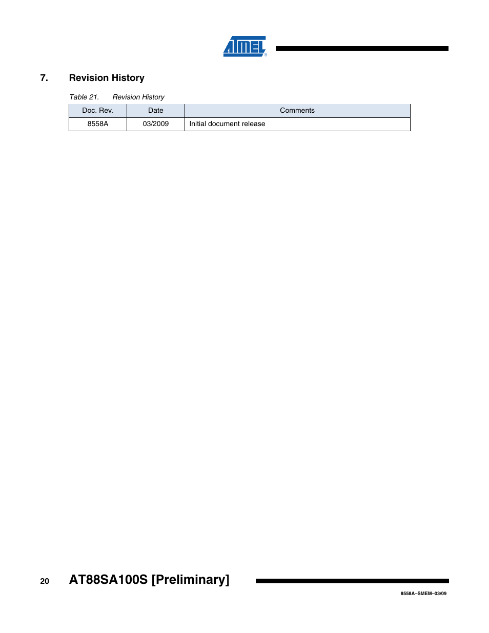 Revision history | Rainbow Electronics AT88SA100S User Manual | Page 20 / 21