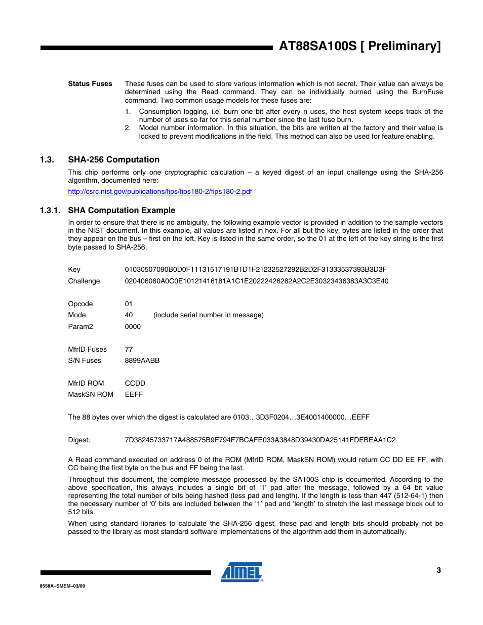 Sha-256 computation, Sha computation example | Rainbow Electronics AT88SA100S User Manual | Page 3 / 21