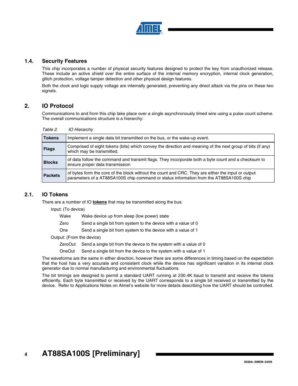 Security features, Io protocol, Io tokens | Rainbow Electronics AT88SA100S User Manual | Page 4 / 21