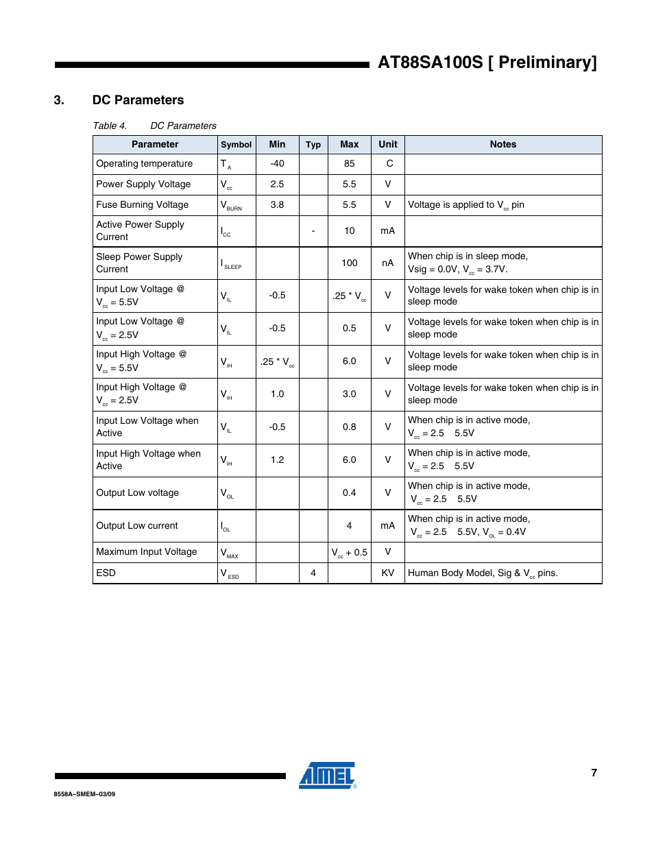 Dc parameters | Rainbow Electronics AT88SA100S User Manual | Page 7 / 21