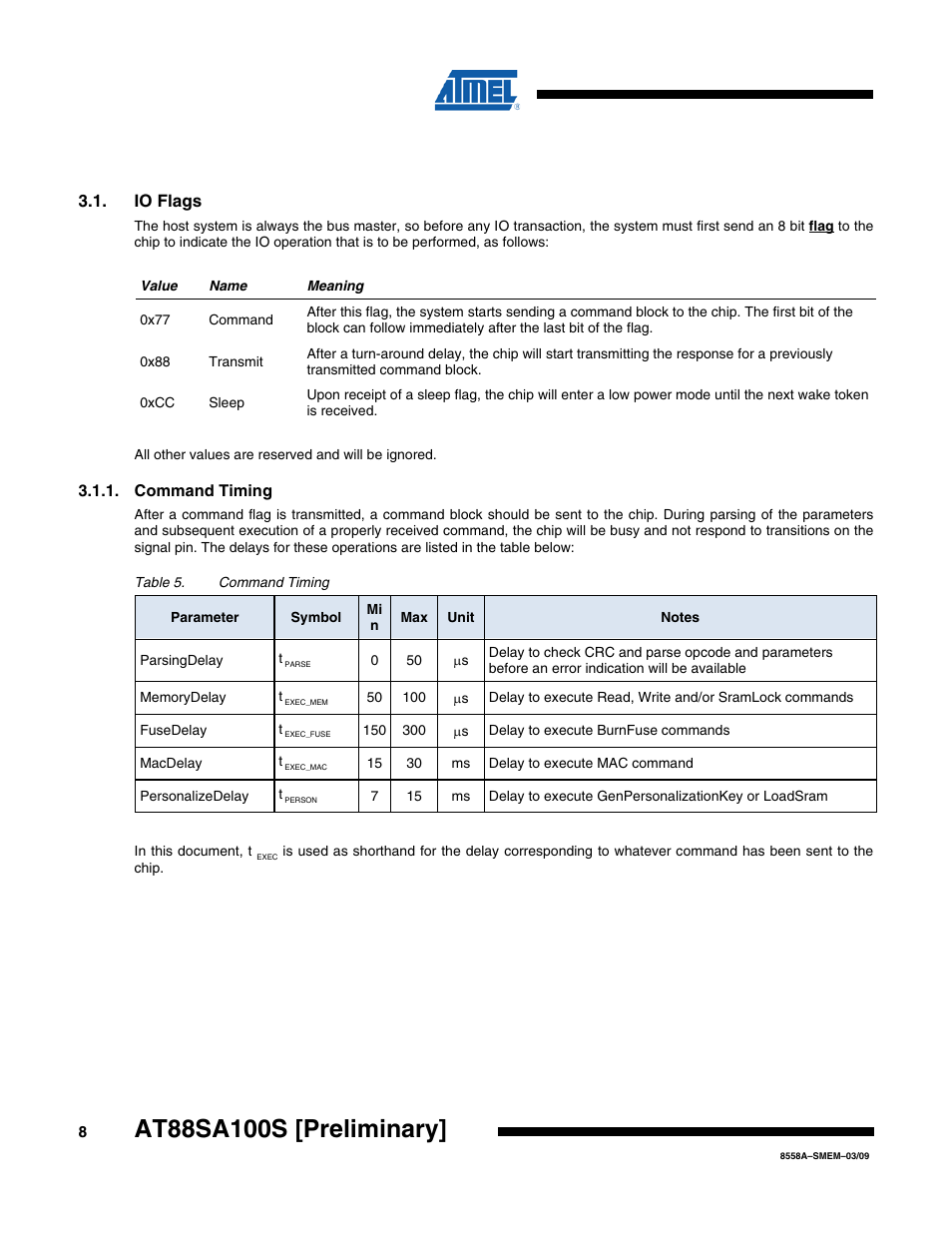 Io flags, Command timing | Rainbow Electronics AT88SA100S User Manual | Page 8 / 21