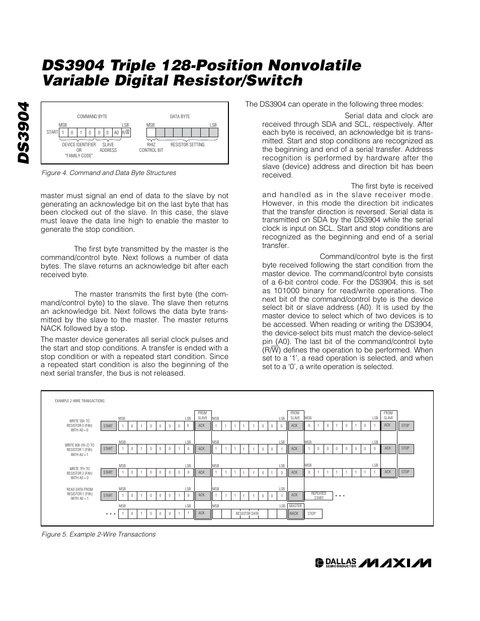 Figure 4. command and data byte structures, Figure 5. example 2-wire transactions | Rainbow Electronics DS3904 User Manual | Page 10 / 11
