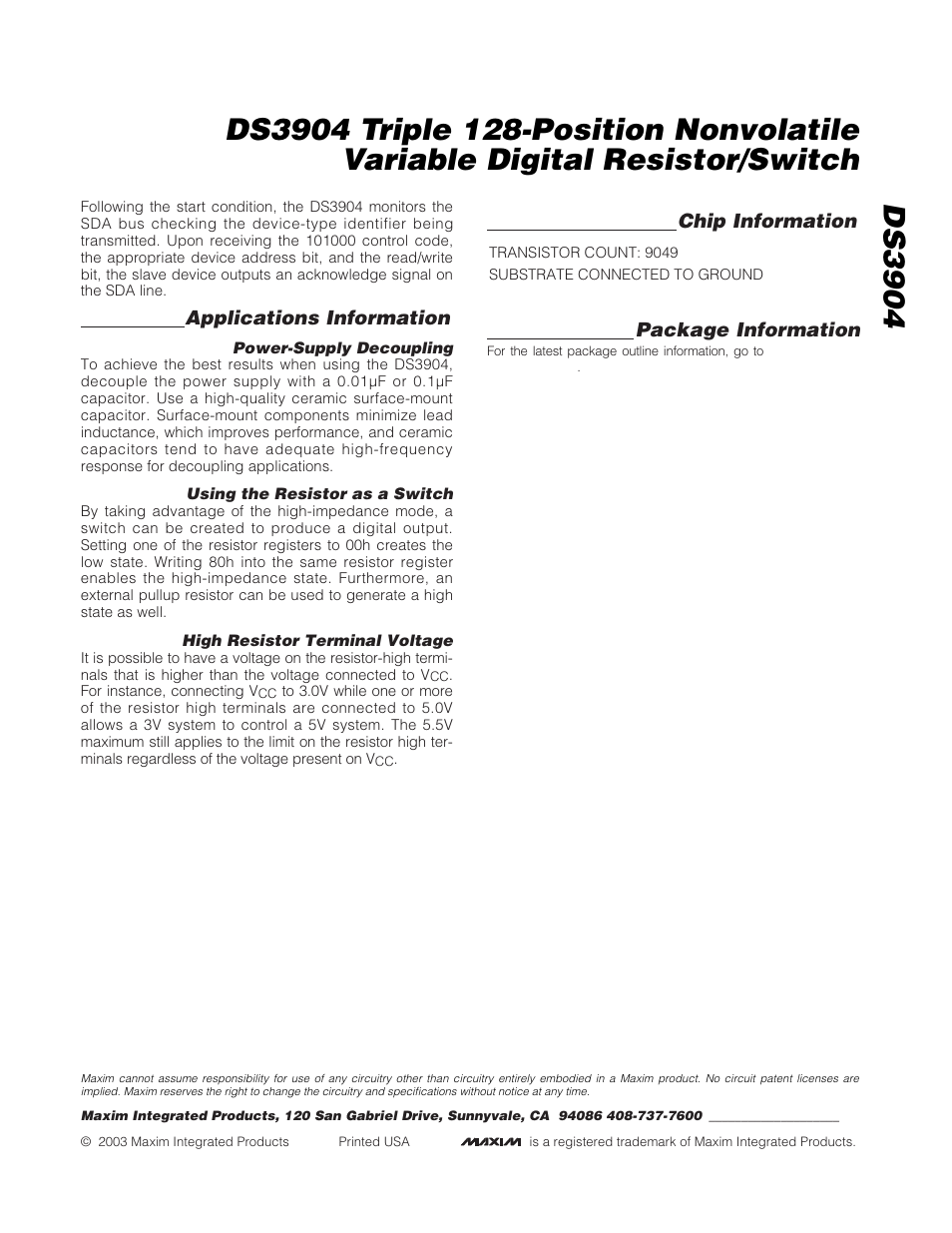 Applications information, Chip information, Package information | Rainbow Electronics DS3904 User Manual | Page 11 / 11