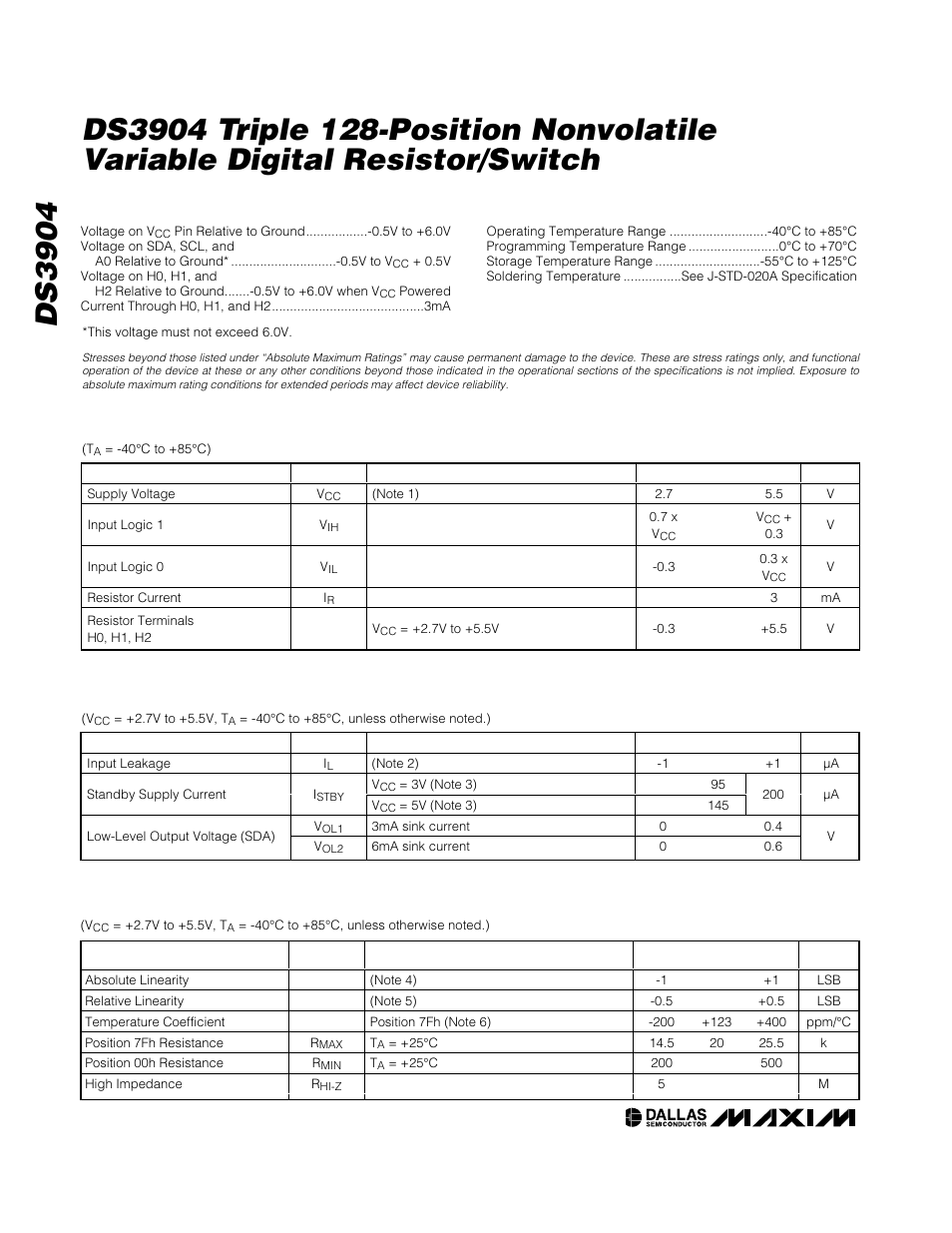 Dc electrical characteristics, Analog resistor characteristics | Rainbow Electronics DS3904 User Manual | Page 2 / 11