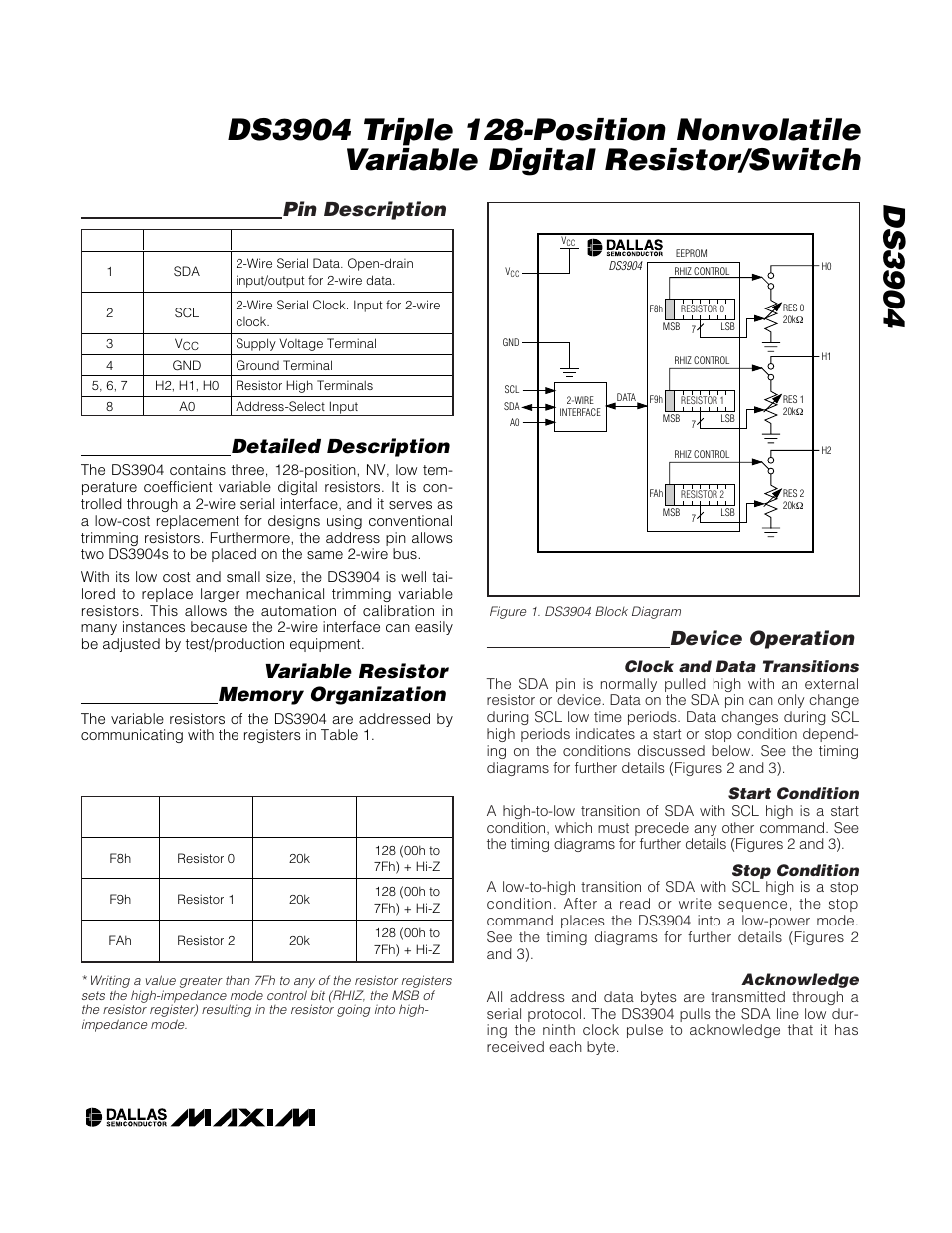 Detailed description, Device operation, Pin description | Table 1. variable resistor registers | Rainbow Electronics DS3904 User Manual | Page 7 / 11