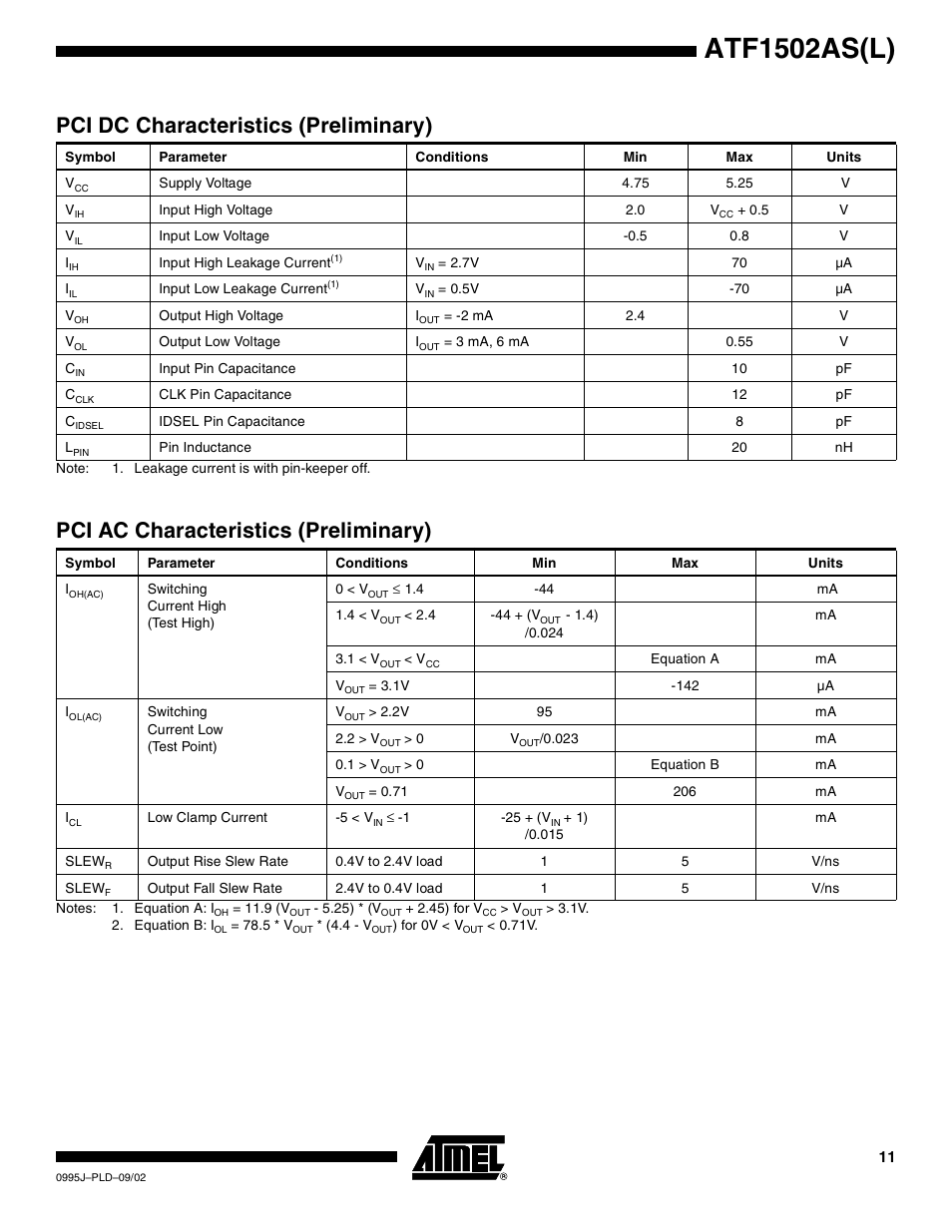 Pci dc characteristics (preliminary), Pci ac characteristics (preliminary), Atf1502as(l) | Rainbow Electronics ATF1502ASL User Manual | Page 11 / 25