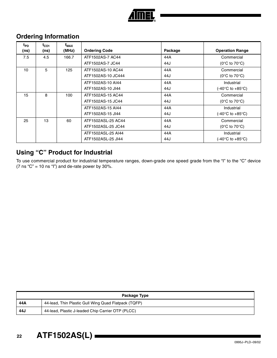 Ordering information, Using “c” product for industrial, Atf1502as(l) | Rainbow Electronics ATF1502ASL User Manual | Page 22 / 25