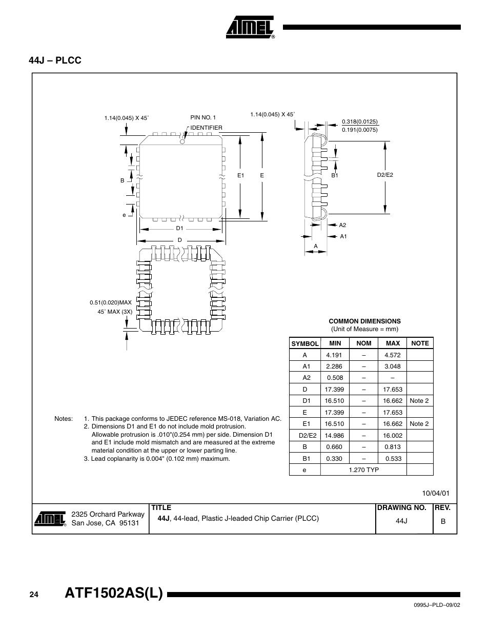 44j – plcc, Atf1502as(l) | Rainbow Electronics ATF1502ASL User Manual | Page 24 / 25