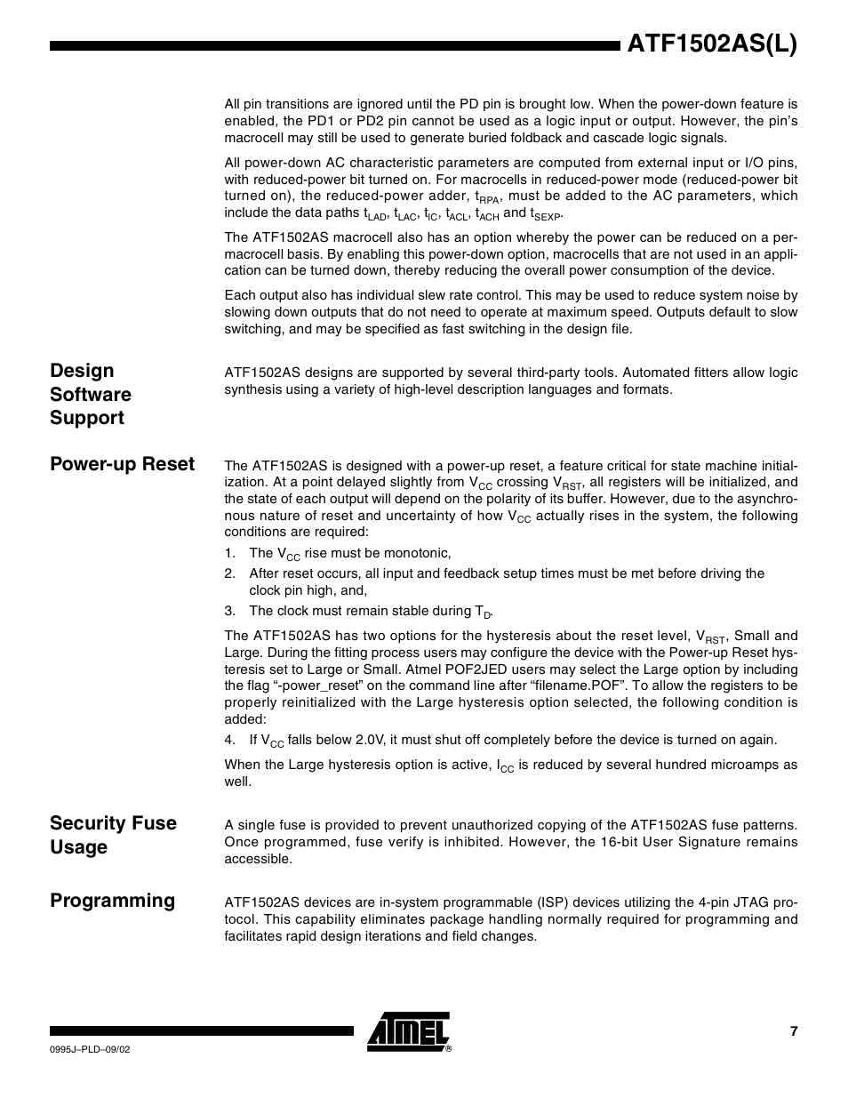 Design software support, Power-up reset, Security fuse usage | Programming, Atf1502as(l) | Rainbow Electronics ATF1502ASL User Manual | Page 7 / 25
