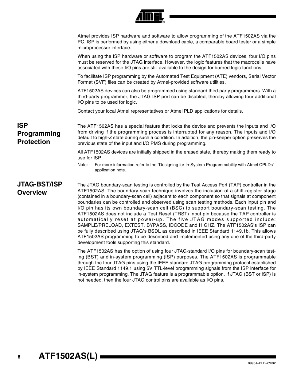 Isp programming protection, Jtag-bst/isp overview, Atf1502as(l) | Rainbow Electronics ATF1502ASL User Manual | Page 8 / 25