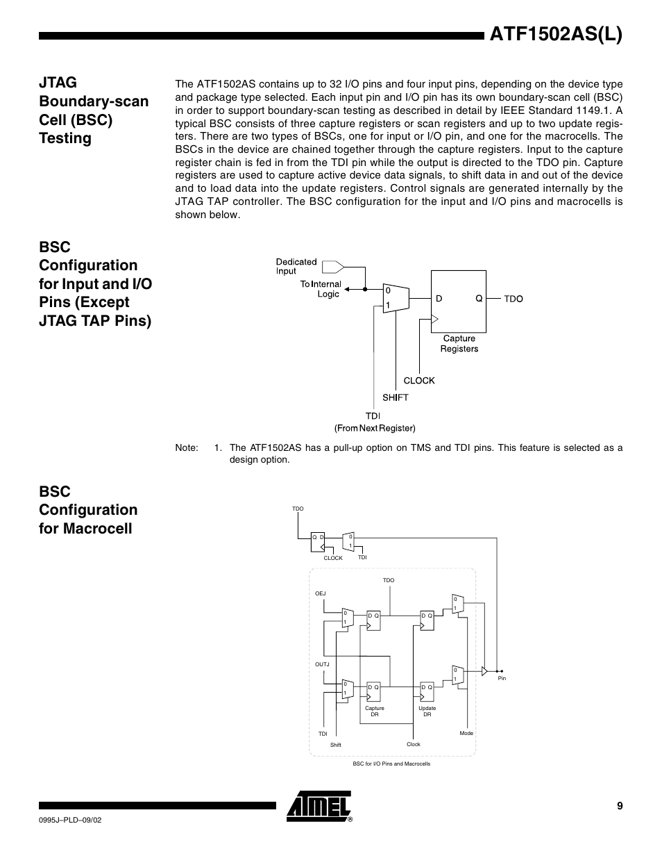 Jtag boundary-scan cell (bsc) testing, Bsc configuration for macrocell, Atf1502as(l) | Rainbow Electronics ATF1502ASL User Manual | Page 9 / 25