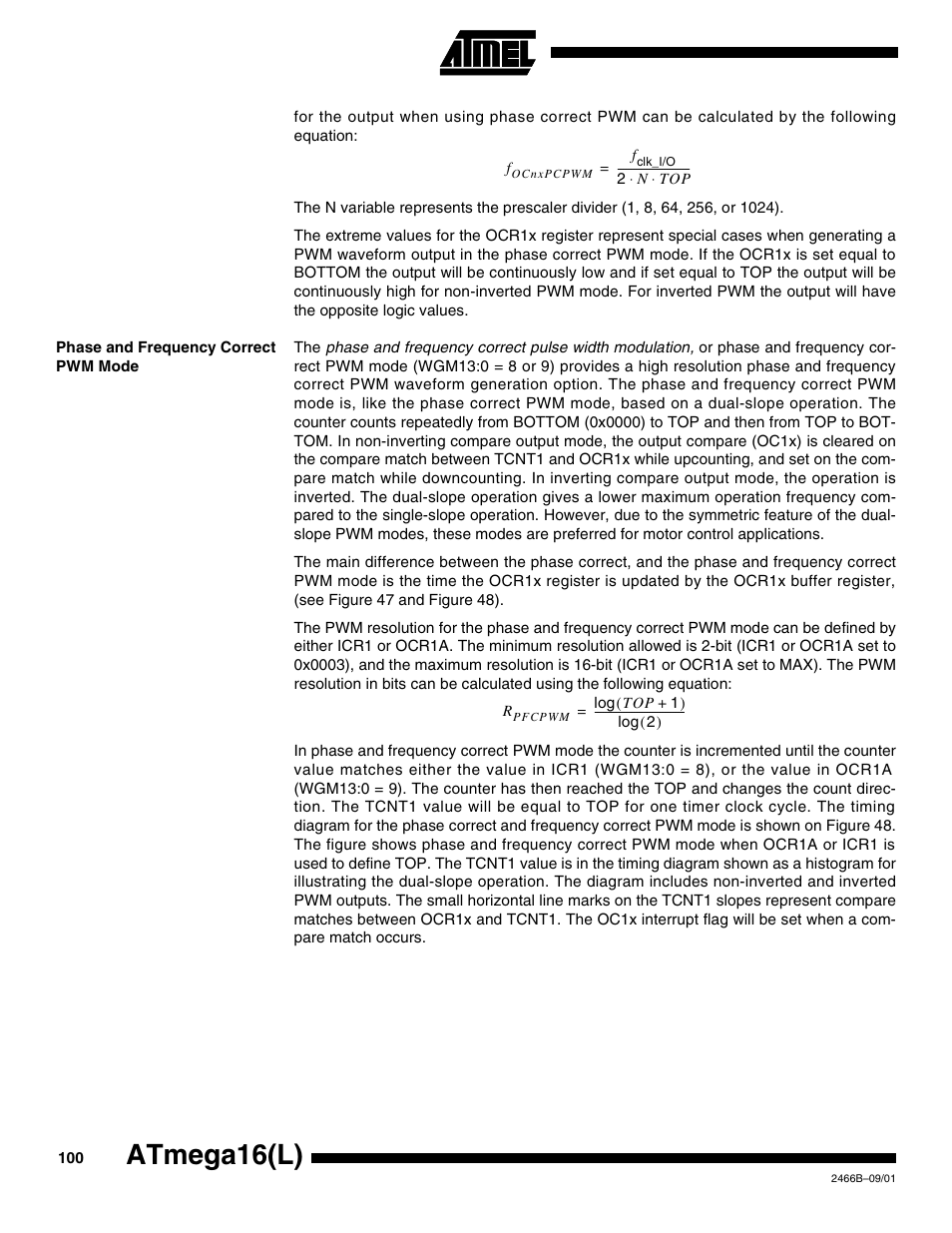 Phase and frequency correct pwm mode, Atmega16(l) | Rainbow Electronics ATmega64L User Manual | Page 100 / 298