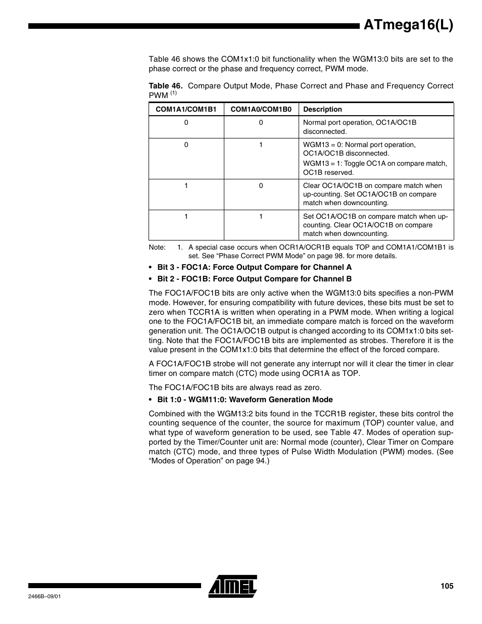 And table 46 for, Atmega16(l) | Rainbow Electronics ATmega64L User Manual | Page 105 / 298