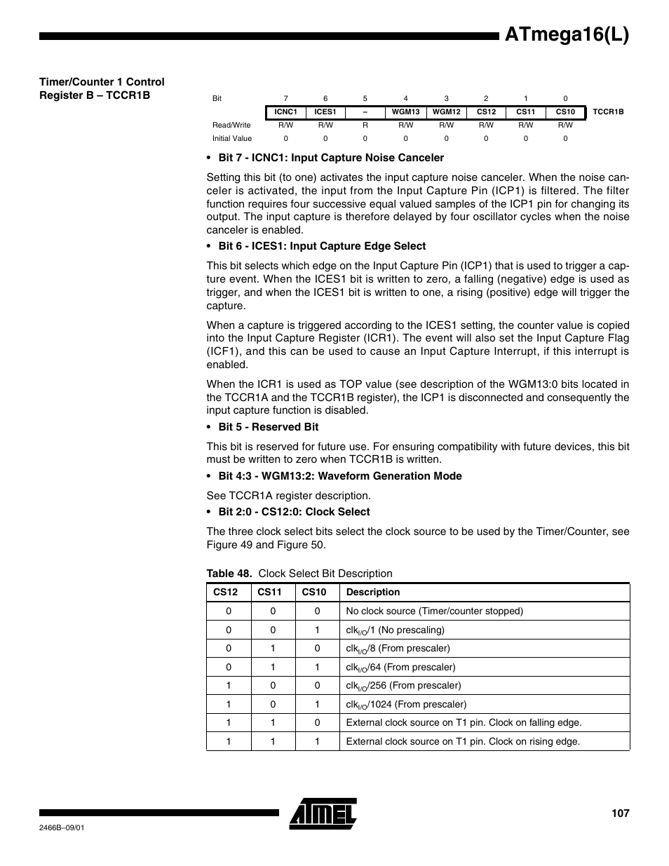 Timer/counter 1 control register b – tccr1b, Atmega16(l) | Rainbow Electronics ATmega64L User Manual | Page 107 / 298