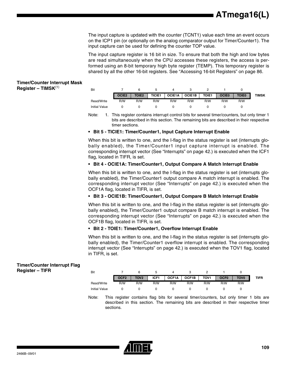 Timer/counter interrupt mask register – timsk(1), Timer/counter interrupt flag register – tifr, Atmega16(l) | Rainbow Electronics ATmega64L User Manual | Page 109 / 298