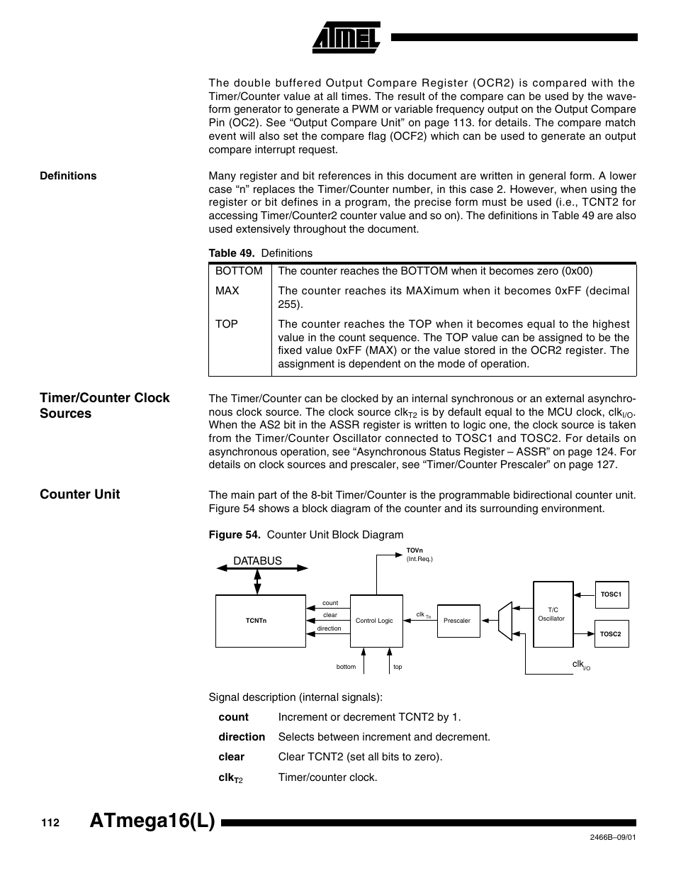 Definitions, Timer/counter clock sources, Counter unit | Atmega16(l) | Rainbow Electronics ATmega64L User Manual | Page 112 / 298
