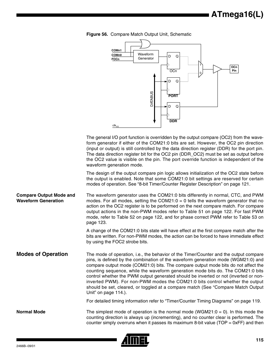 Compare output mode and waveform generation, Modes of operation, Normal mode | Atmega16(l) | Rainbow Electronics ATmega64L User Manual | Page 115 / 298