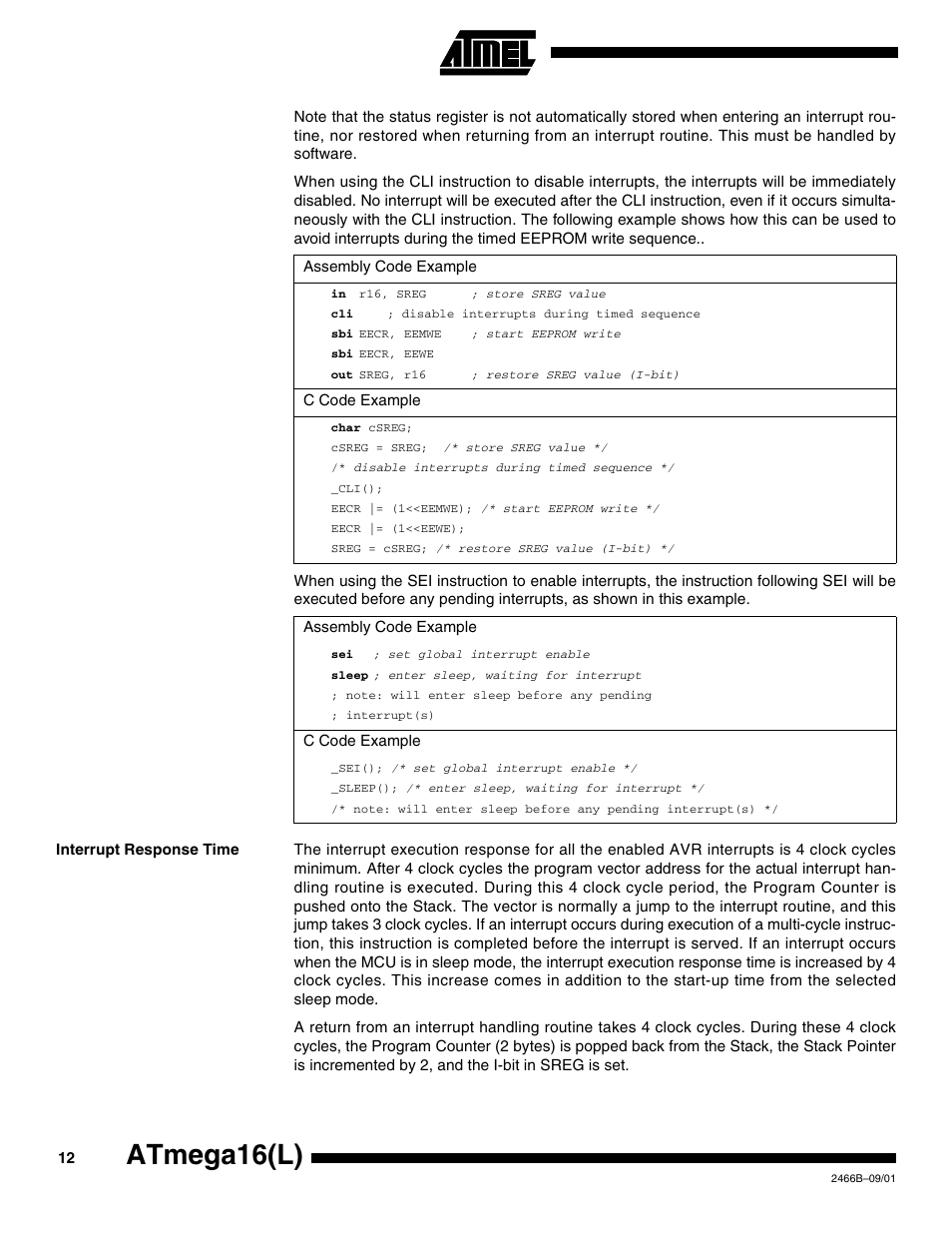 Interrupt response time, Atmega16(l) | Rainbow Electronics ATmega64L User Manual | Page 12 / 298