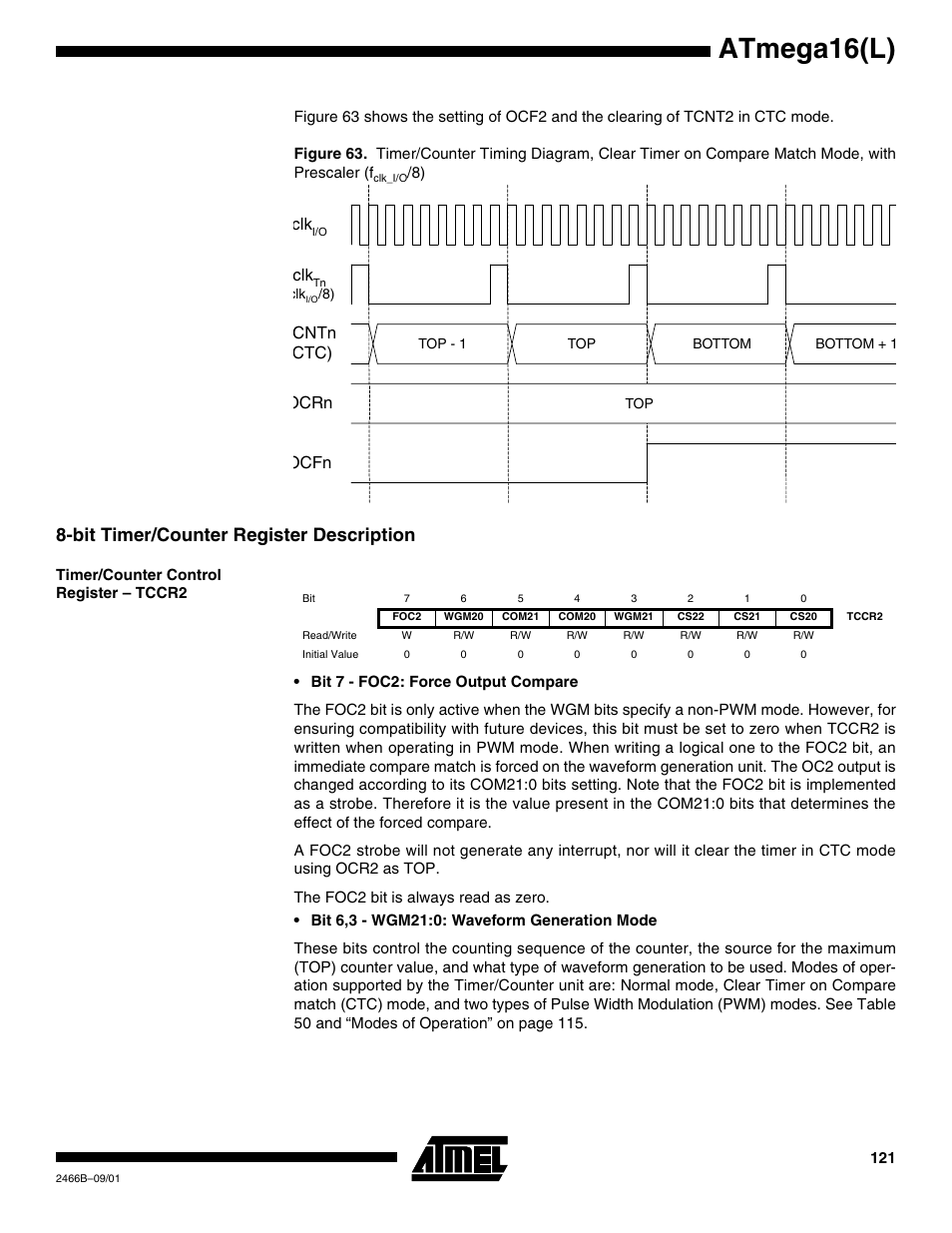 Bit timer/counter register description, Timer/counter control register – tccr2, Atmega16(l) | Ocfn ocrn cntn ctc) | Rainbow Electronics ATmega64L User Manual | Page 121 / 298