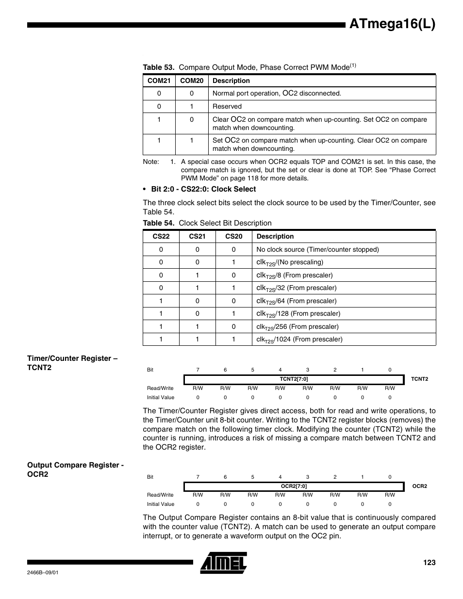 Timer/counter register – tcnt2, Output compare register - ocr2, Table 53 | Atmega16(l) | Rainbow Electronics ATmega64L User Manual | Page 123 / 298