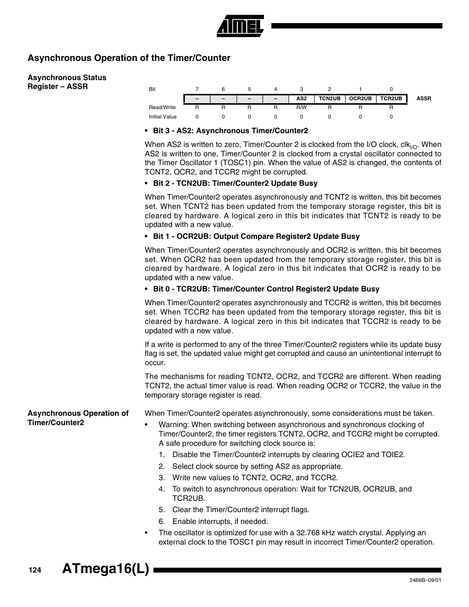 Asynchronous operation of the timer/counter, Asynchronous status register – assr, Asynchronous operation of timer/counter2 | Atmega16(l) | Rainbow Electronics ATmega64L User Manual | Page 124 / 298