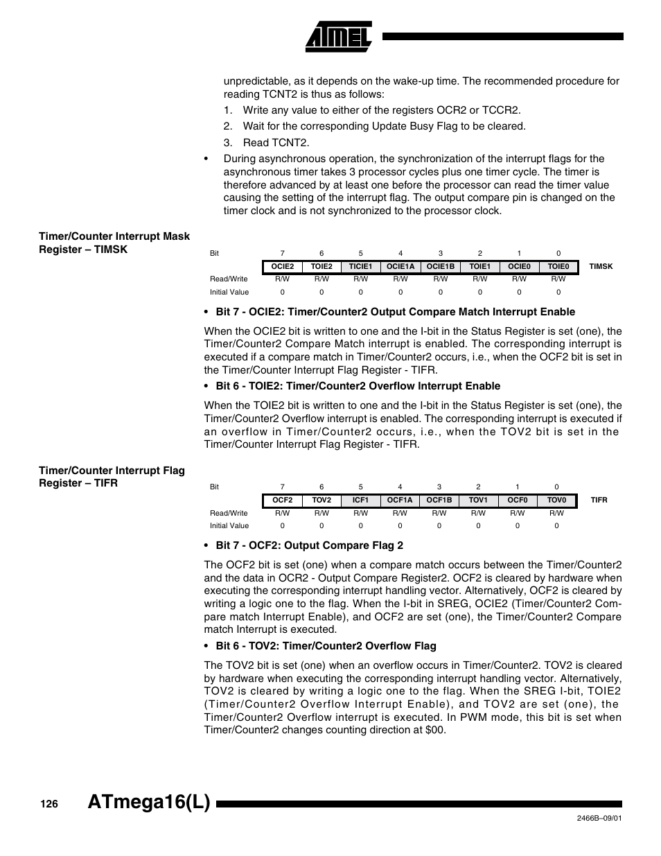 Timer/counter interrupt mask register – timsk, Timer/counter interrupt flag register – tifr, Atmega16(l) | Rainbow Electronics ATmega64L User Manual | Page 126 / 298