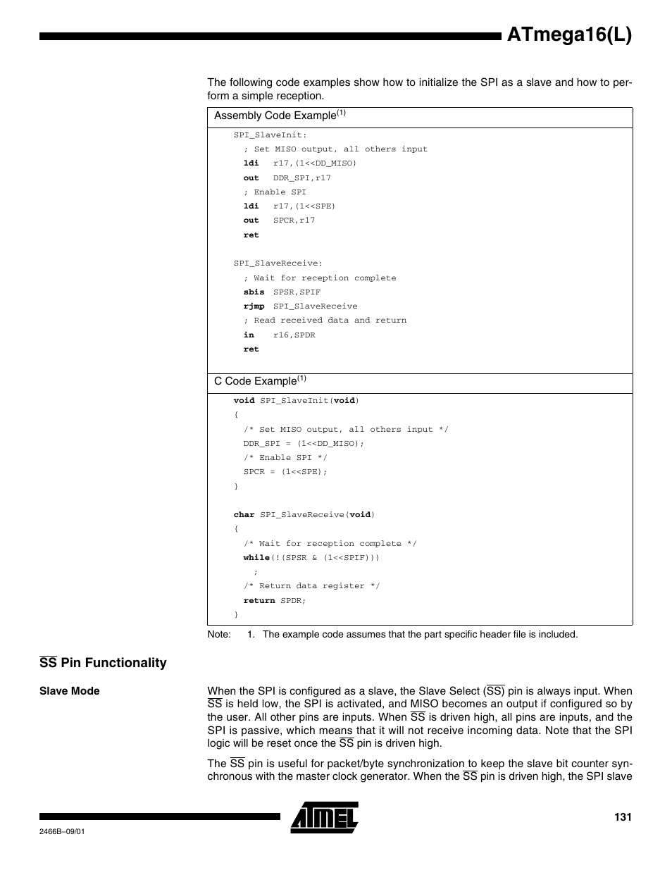 Ss pin functionality, Slave mode, Atmega16(l) | Rainbow Electronics ATmega64L User Manual | Page 131 / 298