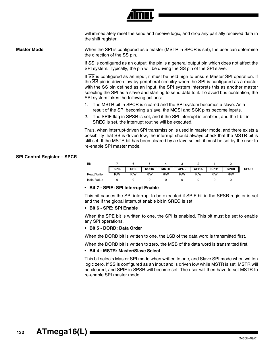 Master mode, Spi control register – spcr, Atmega16(l) | Rainbow Electronics ATmega64L User Manual | Page 132 / 298