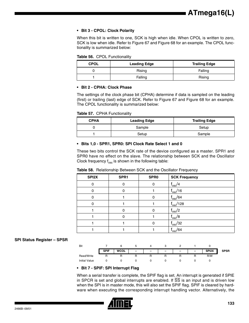 Spi status register – spsr, Atmega16(l) | Rainbow Electronics ATmega64L User Manual | Page 133 / 298