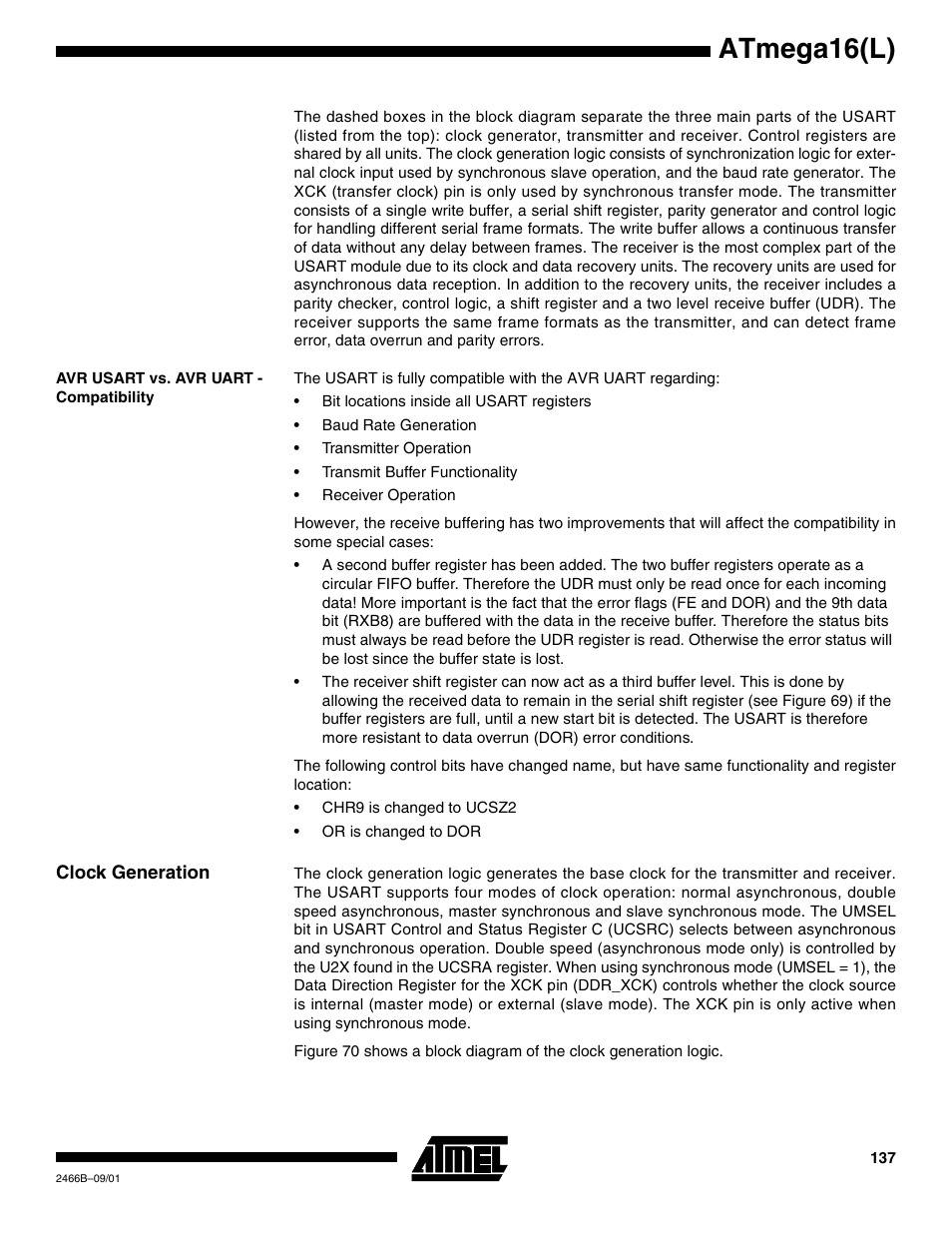 Avr usart vs. avr uart - compatibility, Clock generation, Atmega16(l) | Rainbow Electronics ATmega64L User Manual | Page 137 / 298