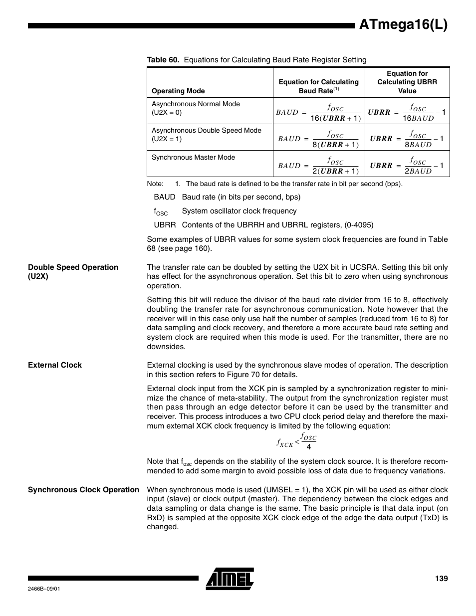 Double speed operation (u2x), External clock, Synchronous clock operation | Atmega16(l) | Rainbow Electronics ATmega64L User Manual | Page 139 / 298