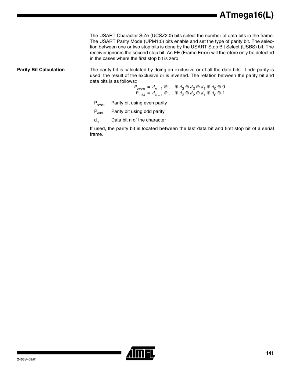 Parity bit calculation, Atmega16(l) | Rainbow Electronics ATmega64L User Manual | Page 141 / 298