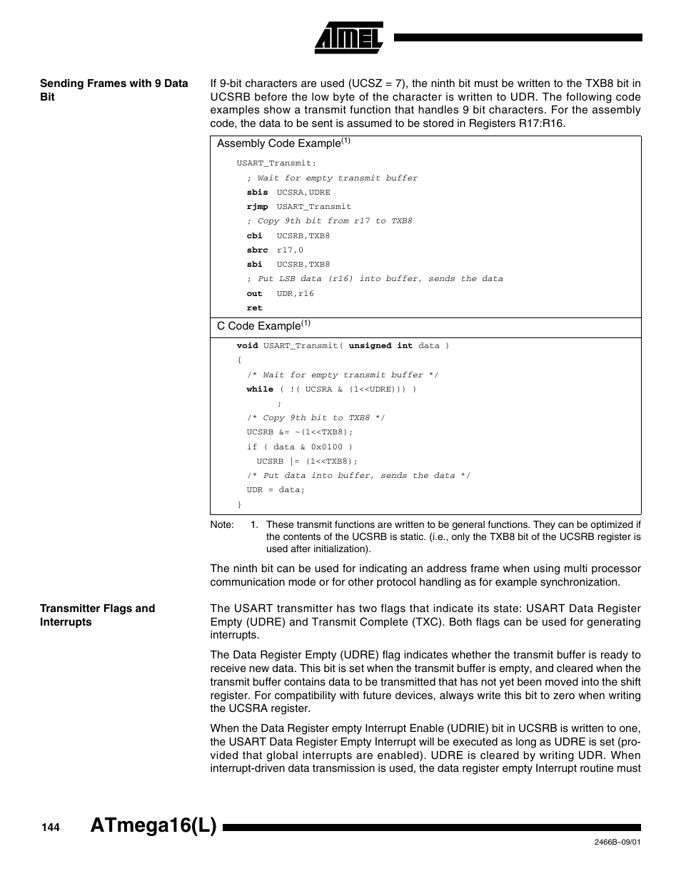 Sending frames with 9data bit, Transmitter flags and interrupts, Atmega16(l) | Rainbow Electronics ATmega64L User Manual | Page 144 / 298