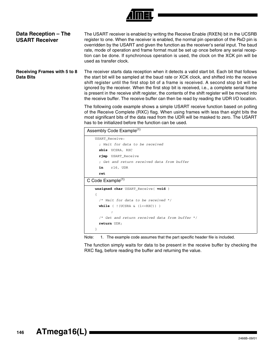Data reception – the usart receiver, Receiving frames with 5 to 8 data bits, Atmega16(l) | Rainbow Electronics ATmega64L User Manual | Page 146 / 298