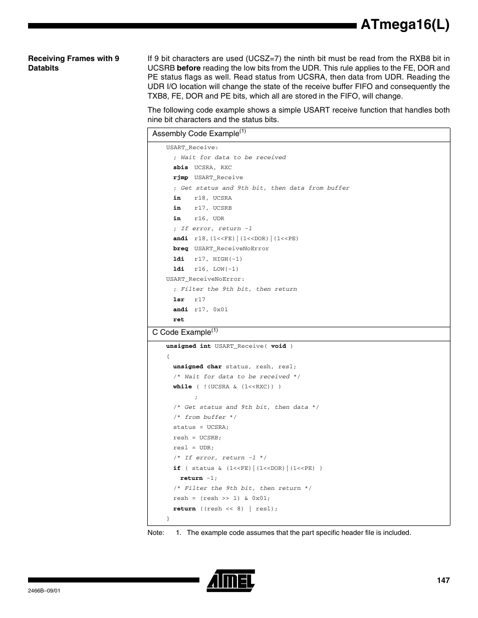Receiving frames with 9 databits, Atmega16(l) | Rainbow Electronics ATmega64L User Manual | Page 147 / 298