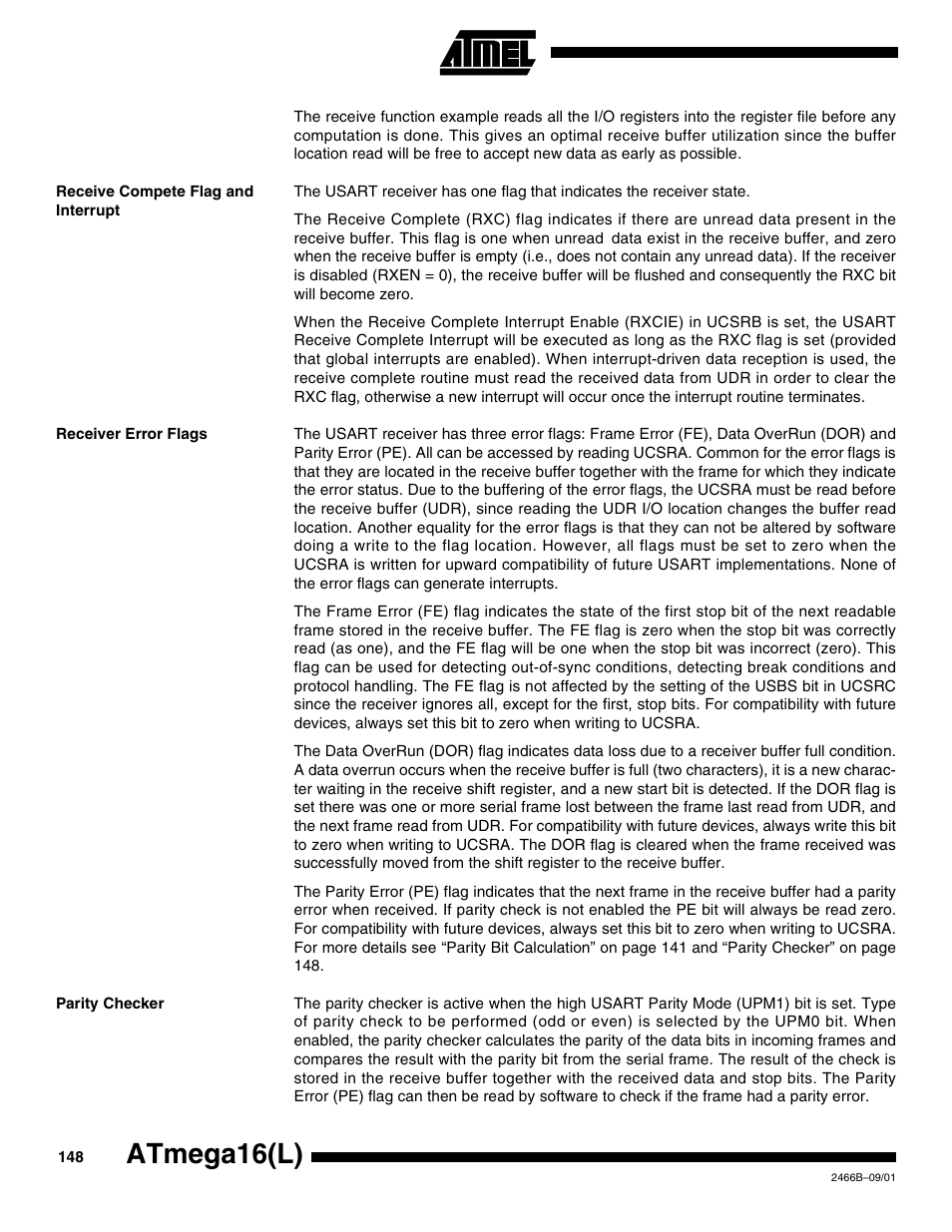 Receive compete flag and interrupt, Receiver error flags, Parity checker | Atmega16(l) | Rainbow Electronics ATmega64L User Manual | Page 148 / 298