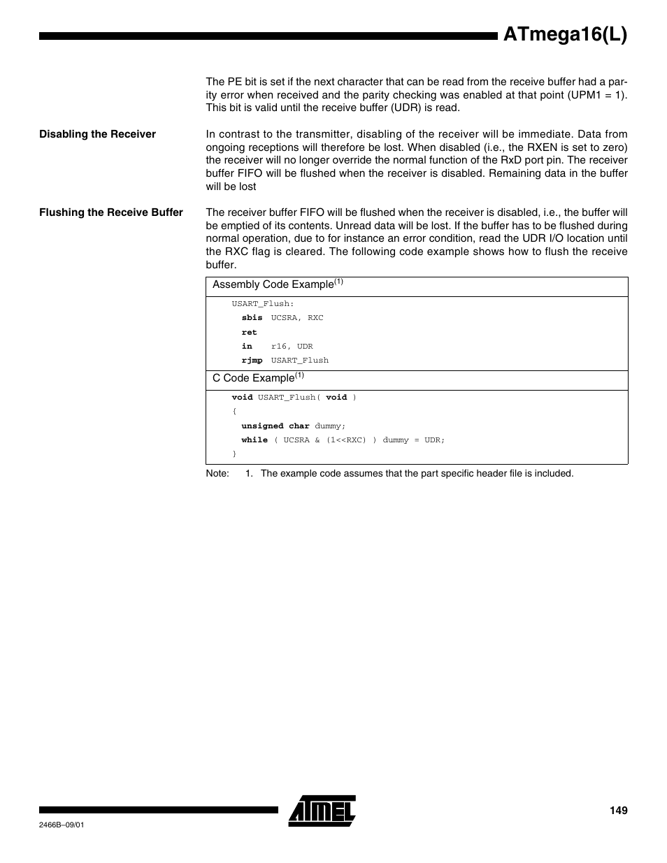 Disabling the receiver, Flushing the receive buffer, Atmega16(l) | Rainbow Electronics ATmega64L User Manual | Page 149 / 298