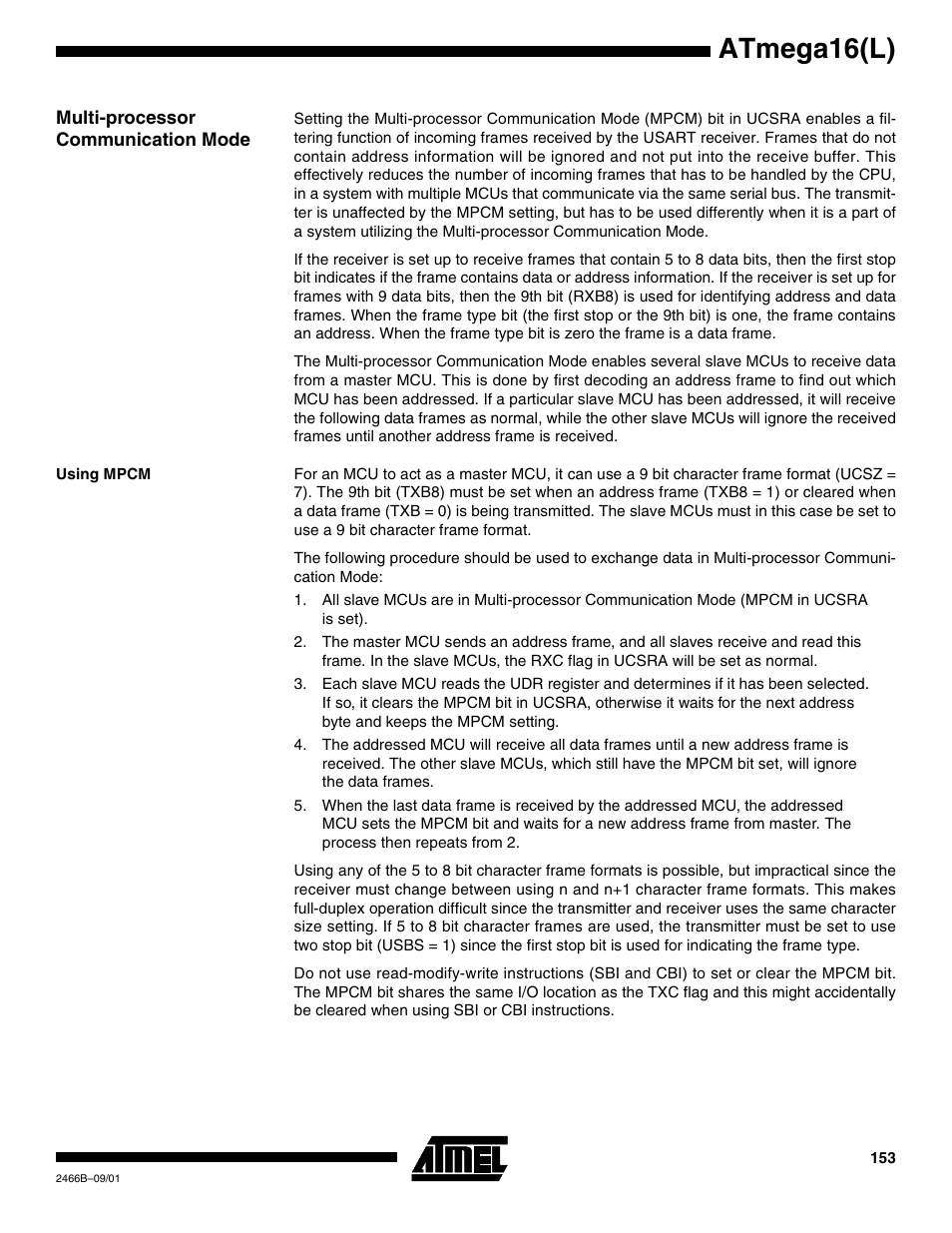Multi-processor communication mode, Using mpcm, Atmega16(l) | Rainbow Electronics ATmega64L User Manual | Page 153 / 298