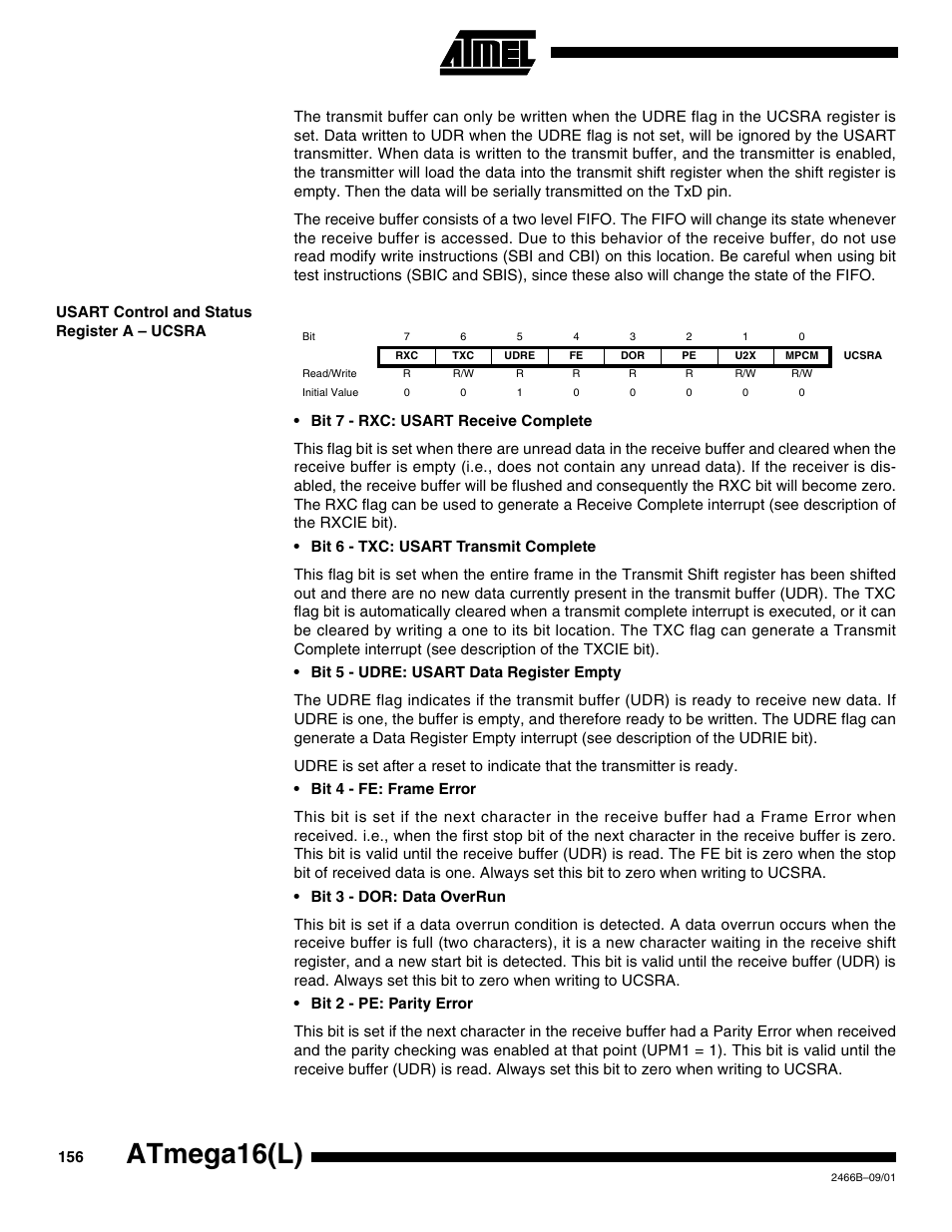 Usart control and status register a – ucsra, Atmega16(l) | Rainbow Electronics ATmega64L User Manual | Page 156 / 298