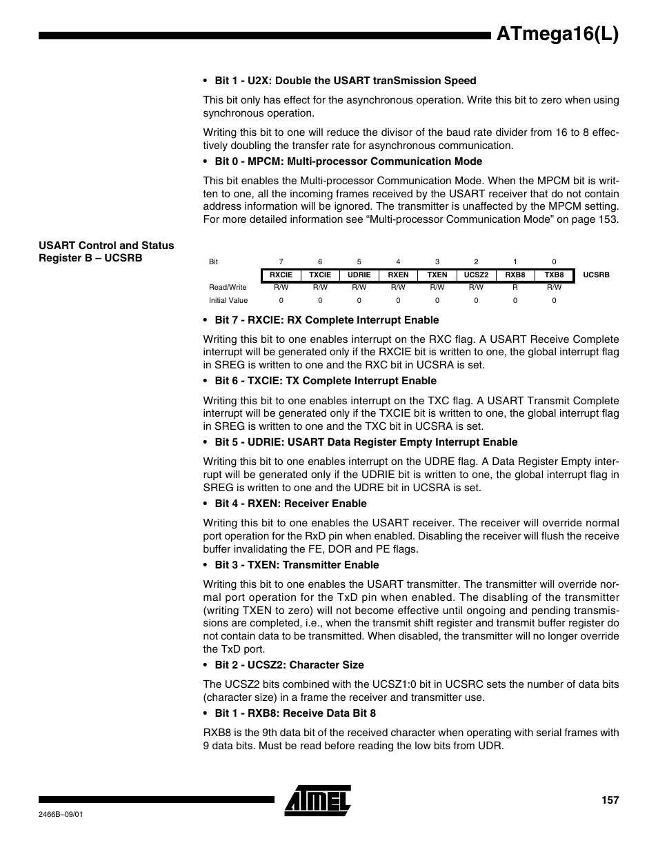Usart control and status register b – ucsrb, Atmega16(l) | Rainbow Electronics ATmega64L User Manual | Page 157 / 298