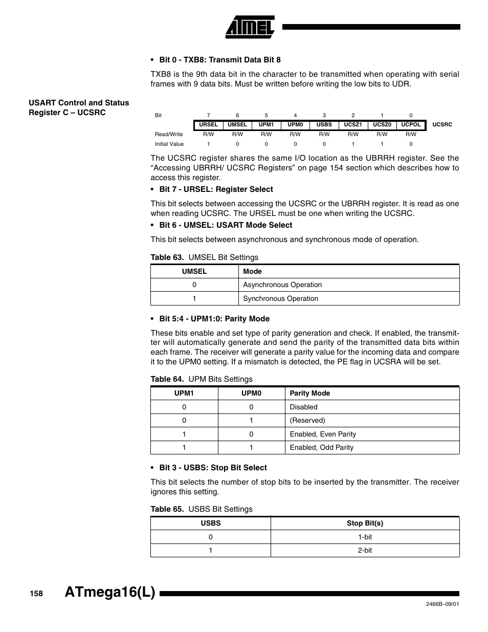 Usart control and status register c – ucsrc, Atmega16(l) | Rainbow Electronics ATmega64L User Manual | Page 158 / 298