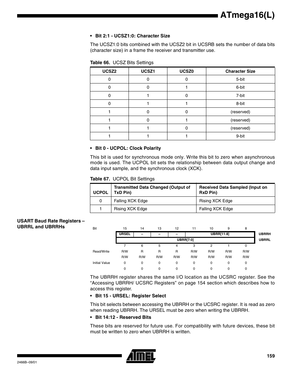 Usart baud rate registers – ubrrl and ubrrhs, Atmega16(l) | Rainbow Electronics ATmega64L User Manual | Page 159 / 298