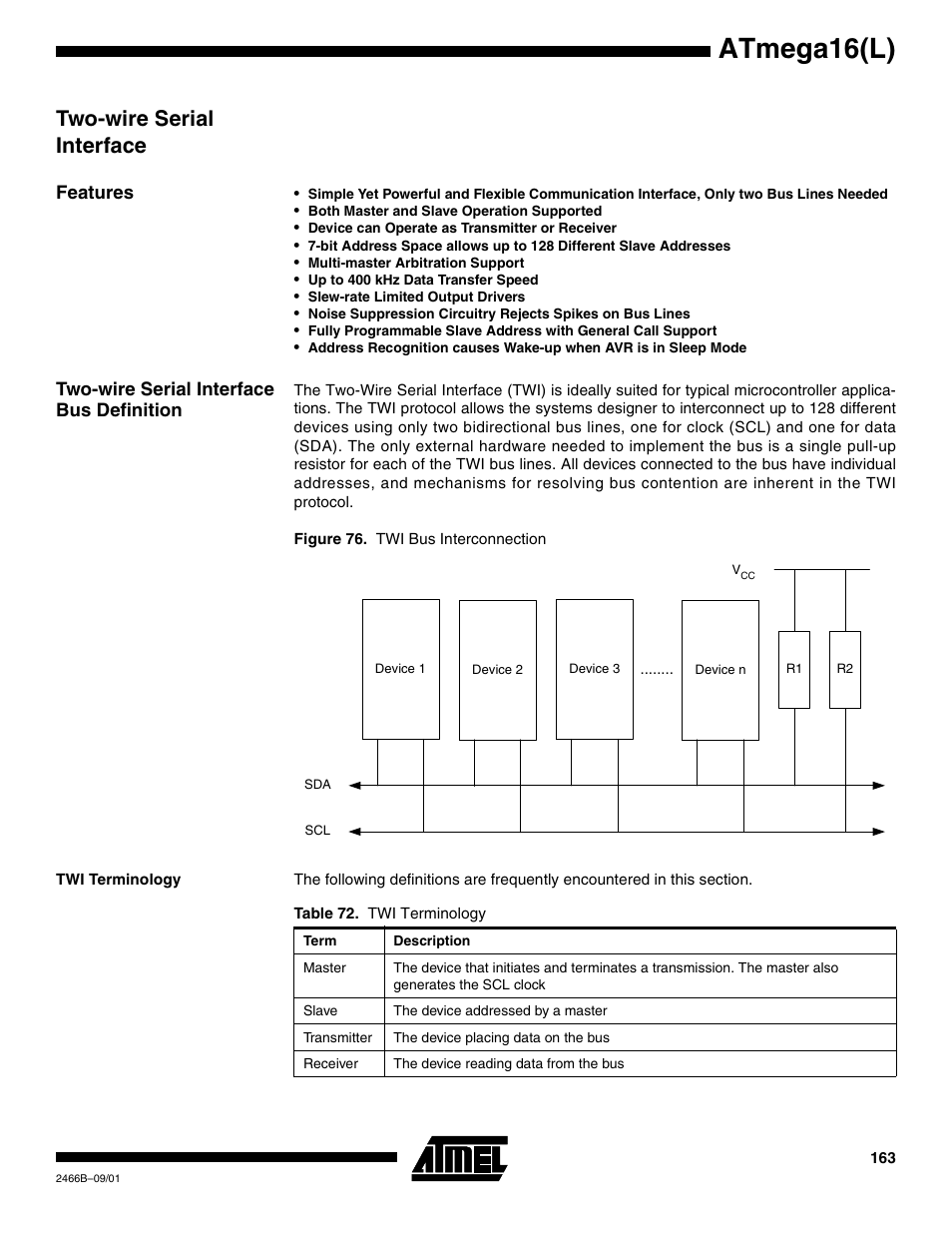 Two-wire serial interface, Features, Two-wire serial interface bus definition | Twi terminology, Atmega16(l) | Rainbow Electronics ATmega64L User Manual | Page 163 / 298