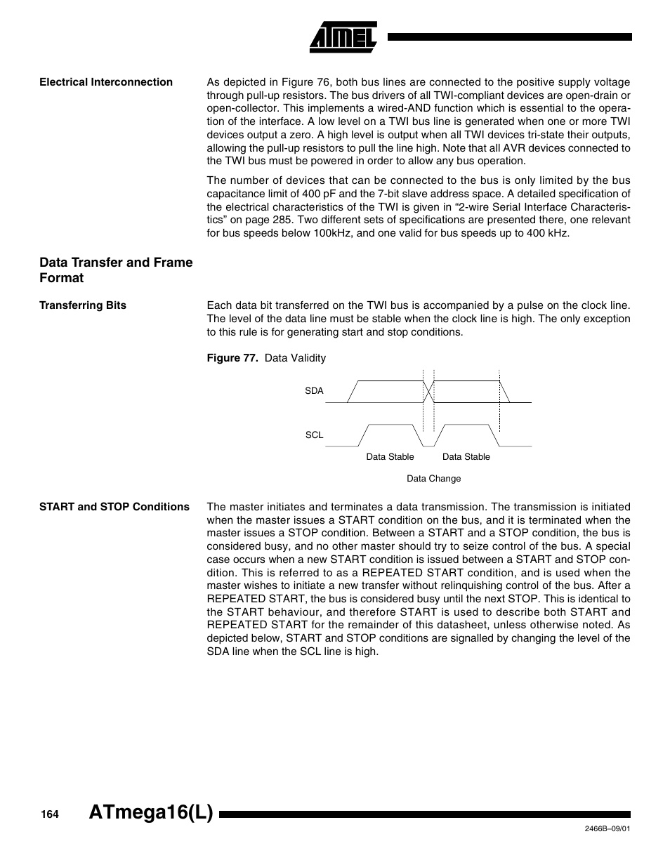 Electrical interconnection, Data transfer and frame format, Transferring bits | Start and stop conditions, Atmega16(l) | Rainbow Electronics ATmega64L User Manual | Page 164 / 298