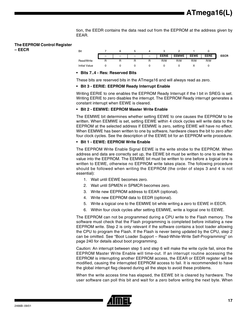 The eeprom control register – eecr, Atmega16(l) | Rainbow Electronics ATmega64L User Manual | Page 17 / 298