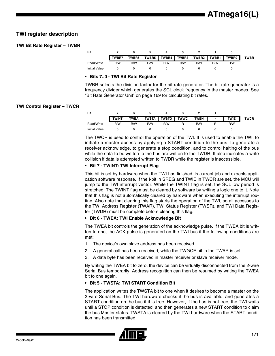 Twi register description, Twi bit rate register – twbr, Twi control register – twcr | Atmega16(l) | Rainbow Electronics ATmega64L User Manual | Page 171 / 298