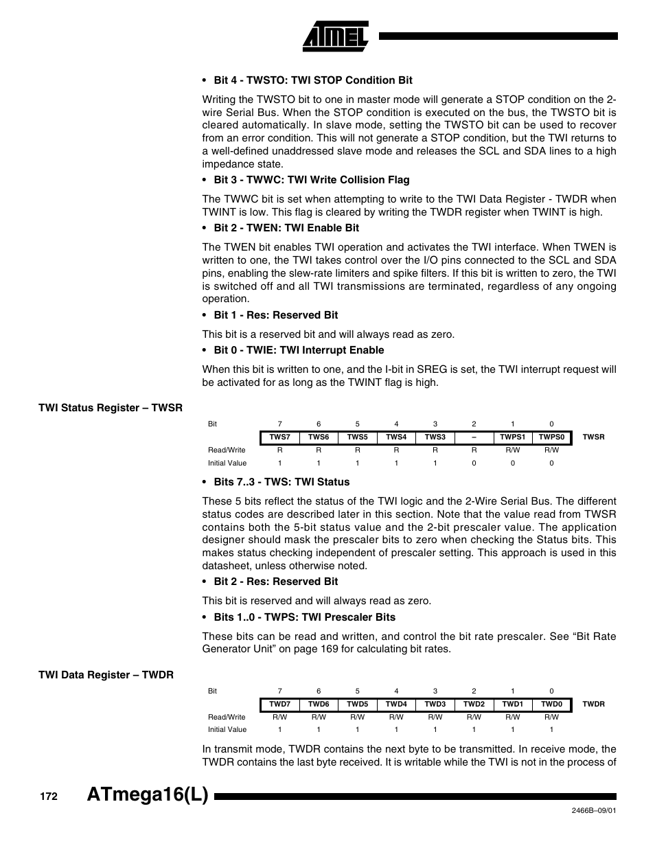 Twi status register – twsr, Twi data register – twdr, Atmega16(l) | Rainbow Electronics ATmega64L User Manual | Page 172 / 298